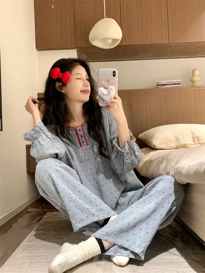 睡衣女春季长袖长裤韩版甜美蕾丝波点春秋季家居服两件套装秋夏