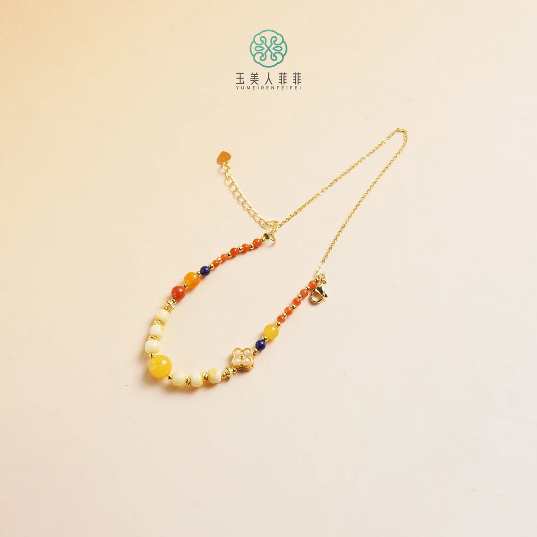 菲菲珠宝好-蜜蜡四叶草多宝手链