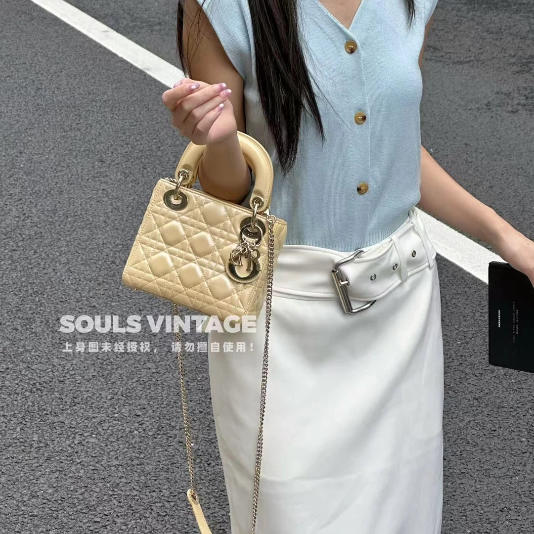 95新 DIOR/迪奥 fl66 小鸡黄 羊皮 三格戴妃包/693770451