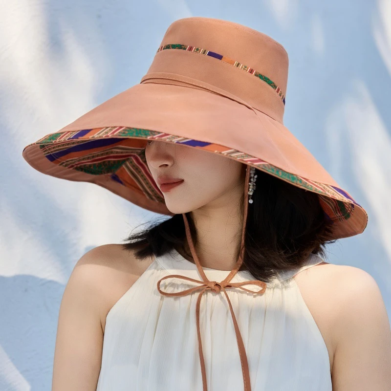 新款民族风可折叠双面渔夫帽超大沿遮阳帽旅游度假防紫外线太阳帽