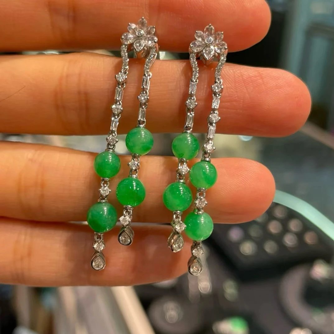 翡翠满绿珠珠耳坠耳饰 流苏款 修饰脸型