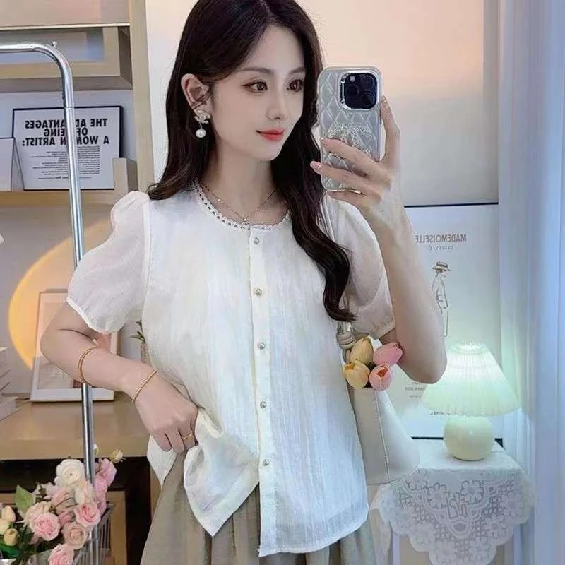 衬衫百搭上衣潮女夏季新款时尚短减龄圆领薄款衬衣开衫减龄