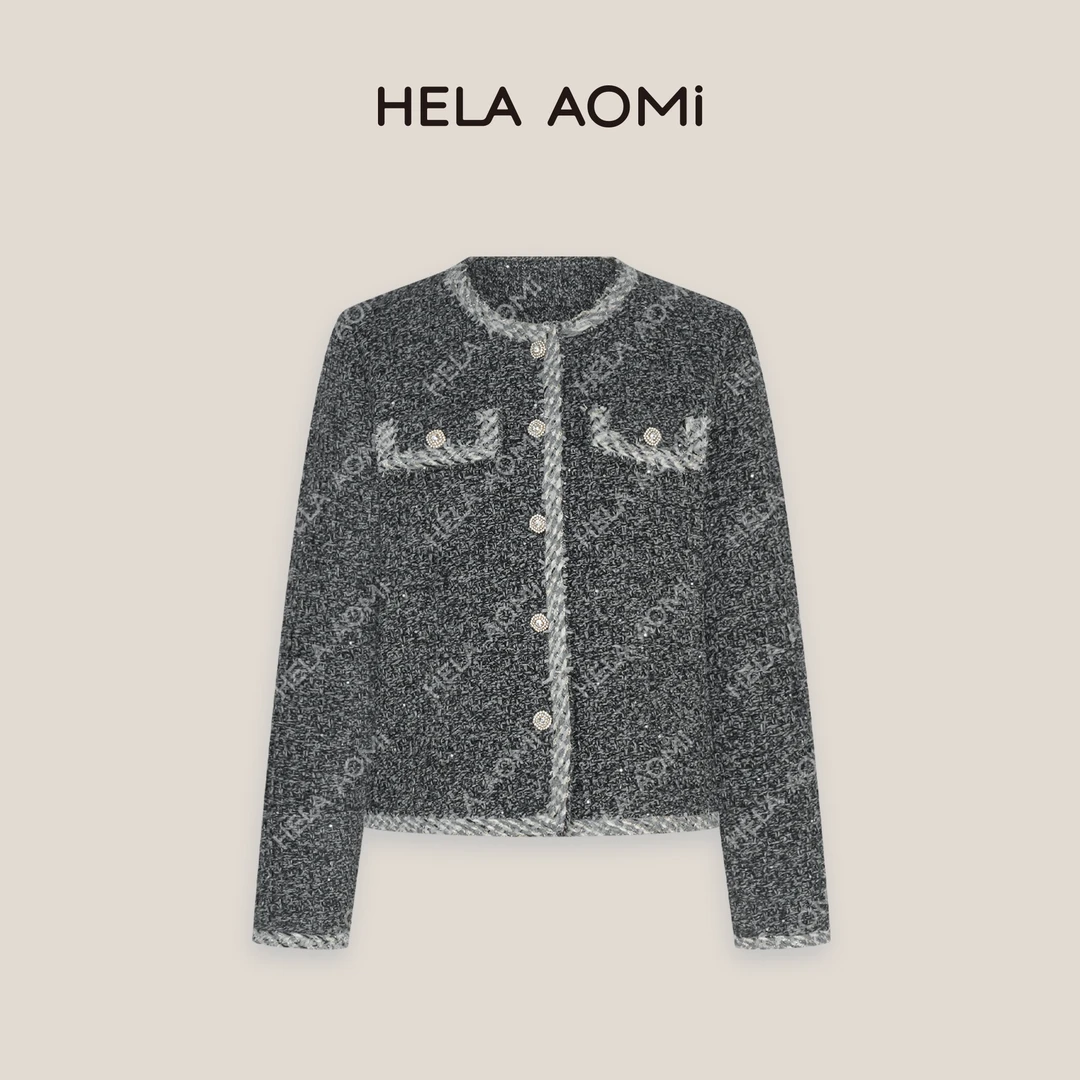 HELA AOMI“经典奈儿”81.6%绵羊毛骆驼绒纱线小香风圆领针织外套