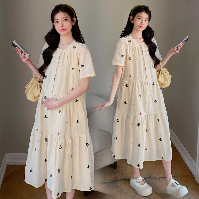 夏季法式刺绣宽松显瘦孕妇短袖连衣裙中长款碎花小清新裙子大码女