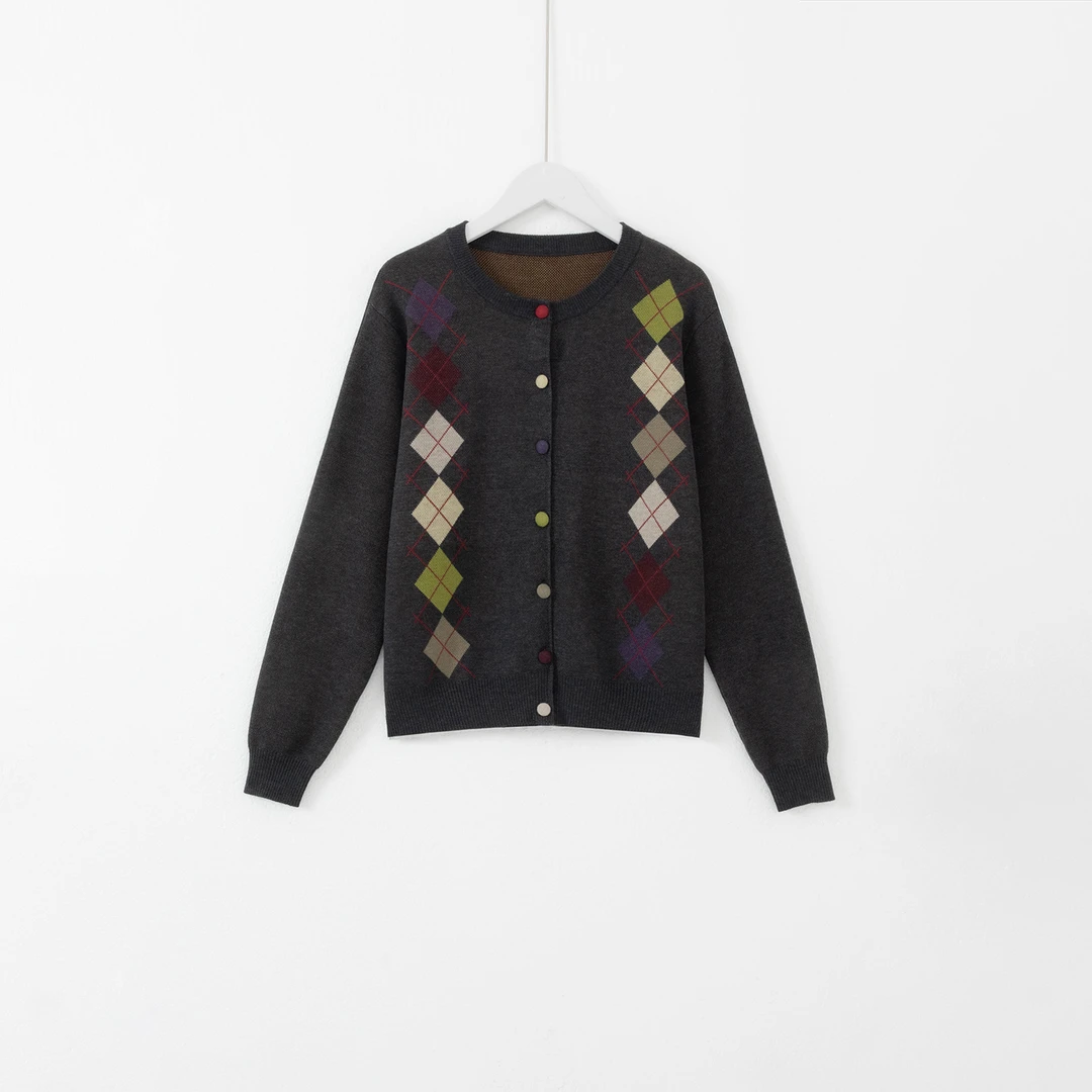 几里与麻 菱格提花彩扣针织开衫 2091543