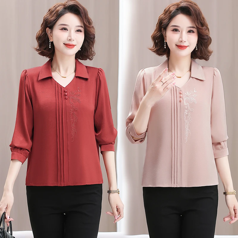 2025上新新款时尚百搭洋气显瘦中年七分袖妈妈装衬衫上衣