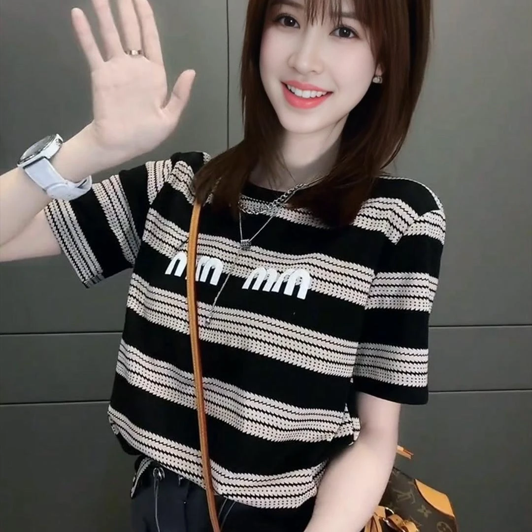 洋气百搭条纹字母打底衫2025夏季修身显瘦正肩圆领短袖t恤上衣