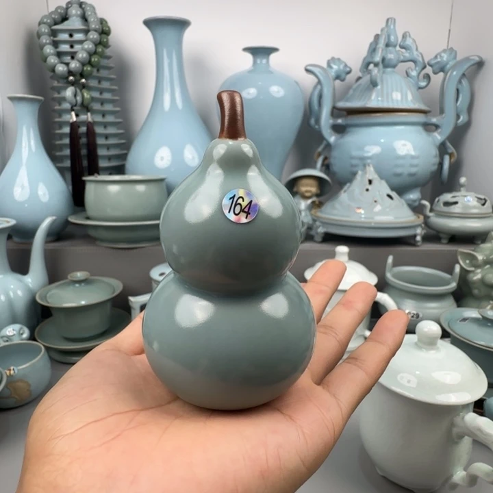 摆件汝瓷茶宠葫芦圈足烧仿古釉