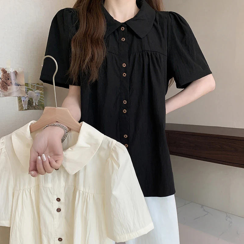 2025夏装新款胖mm宽松显瘦设计感娃娃领衬衫大码女装短袖潮