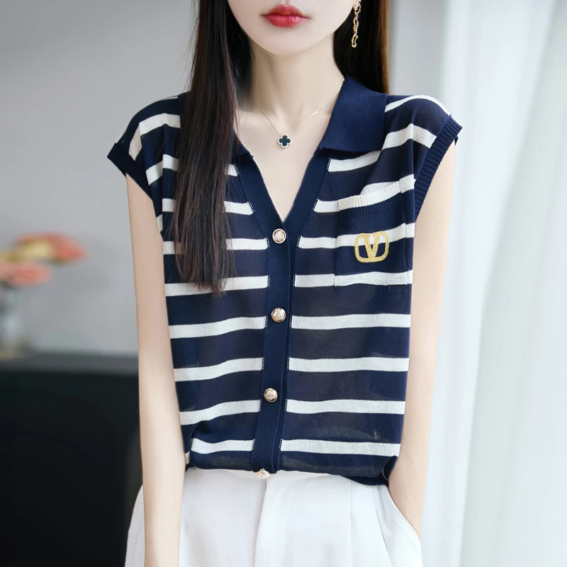 品牌女装正品夏季新款时尚翻领针织百搭刺绣设计感上衣宽松洋气