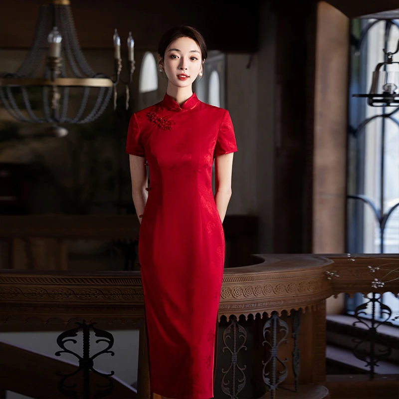 红色旗袍女敬酒服喜婆婆婚宴装结婚礼服妈妈夏季提花长款改良高端