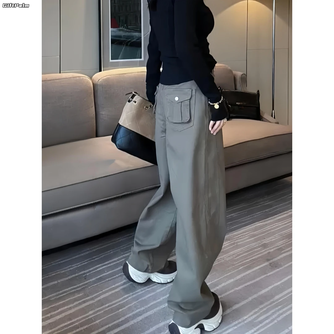 GiftPalm宽松高腰时尚工装裤秋季新款胖mm百搭休闲显瘦阔腿直筒裤