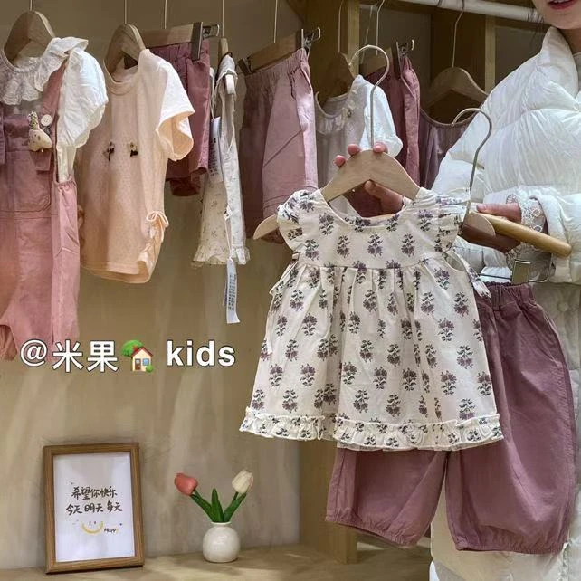 夏季女童洋气时尚休闲无袖夏款小碎花两件套89529小童韩版套装