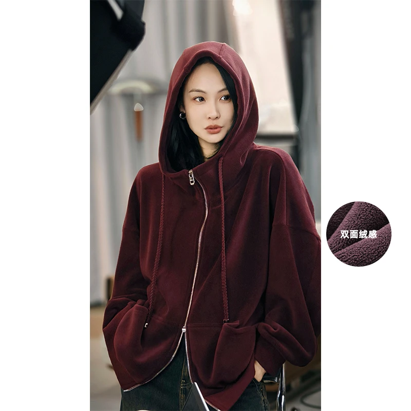美洋MEIYANG酱紫外套复合奥粒绒_保暖宽松休闲连帽袋鼠兜卫衣