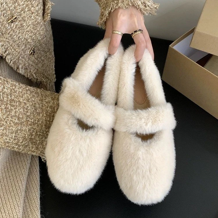 毛毛鞋女秋冬外穿2025年新款一脚蹬冬季豆豆鞋仙女风加绒保暖棉鞋