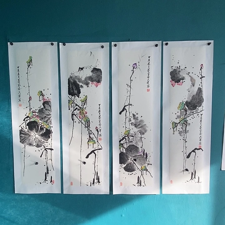 国画丁文泽老师三尺对开四条屏