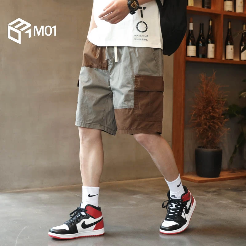 M01工装休闲款短裤男士系带潮流宽松型拼色潮牌夏季复古五分新款