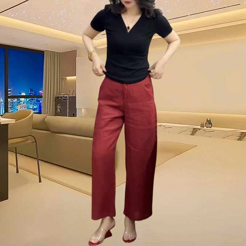 纯欲慵懒风女装V领T恤气球裤两件套2025夏季新款上班族通勤风套装