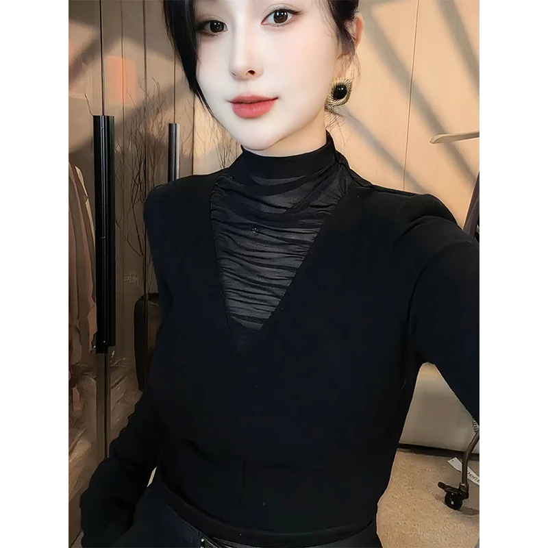 大码女装法式纯欲高领网纱长袖徳绒恤秋冬新款休闲百搭修身上衣