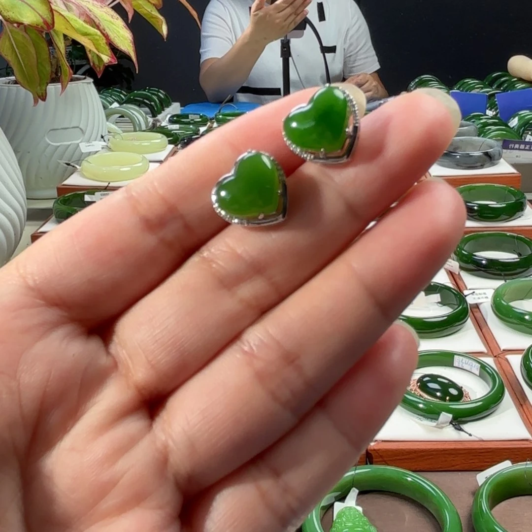 和田玉（碧玉）银S925镶嵌耳饰