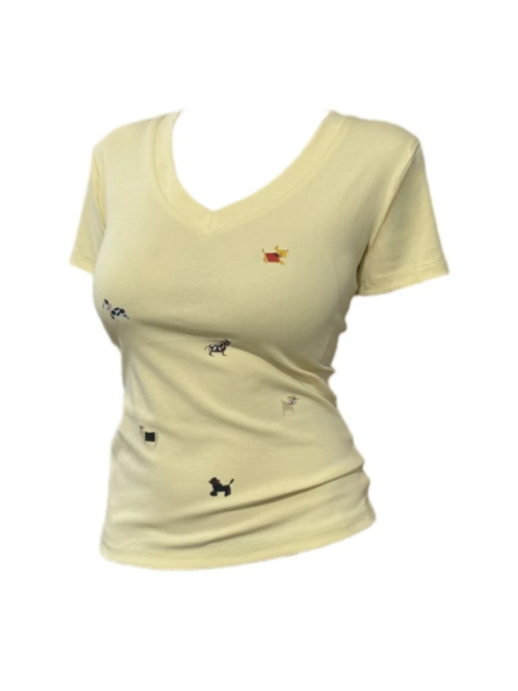 【Amy家】微胖mm腊肠小狗美式甜辣印花短袖T恤女夏正肩修身显瘦上衣