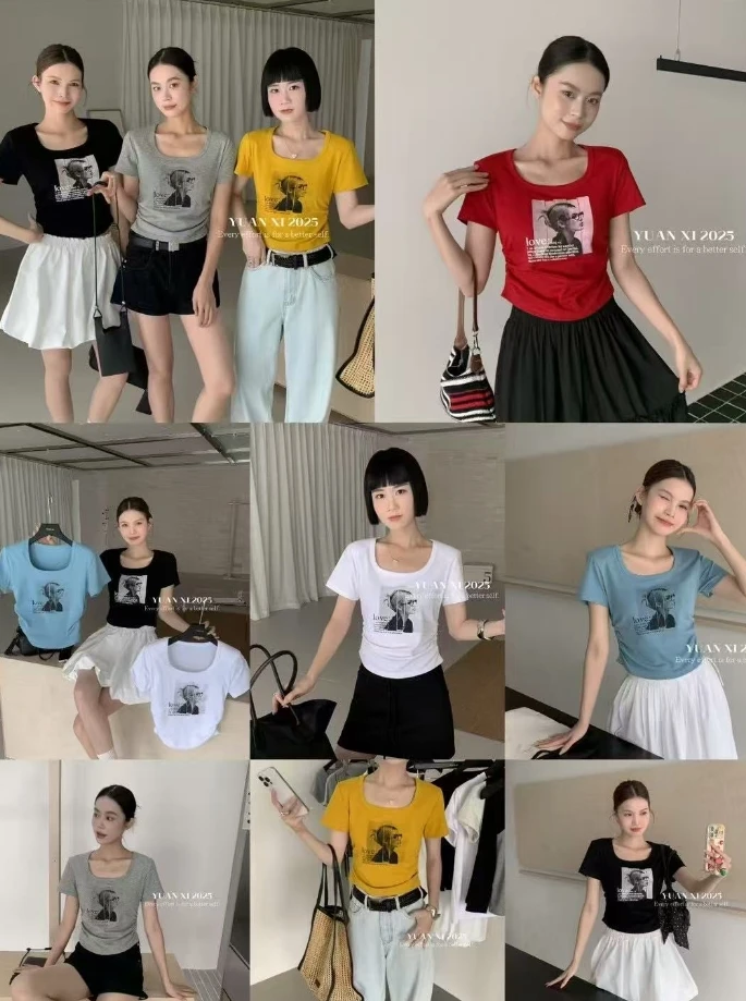 温柔瑶-元熙#方领显瘦美式印花褶皱短袖#3110