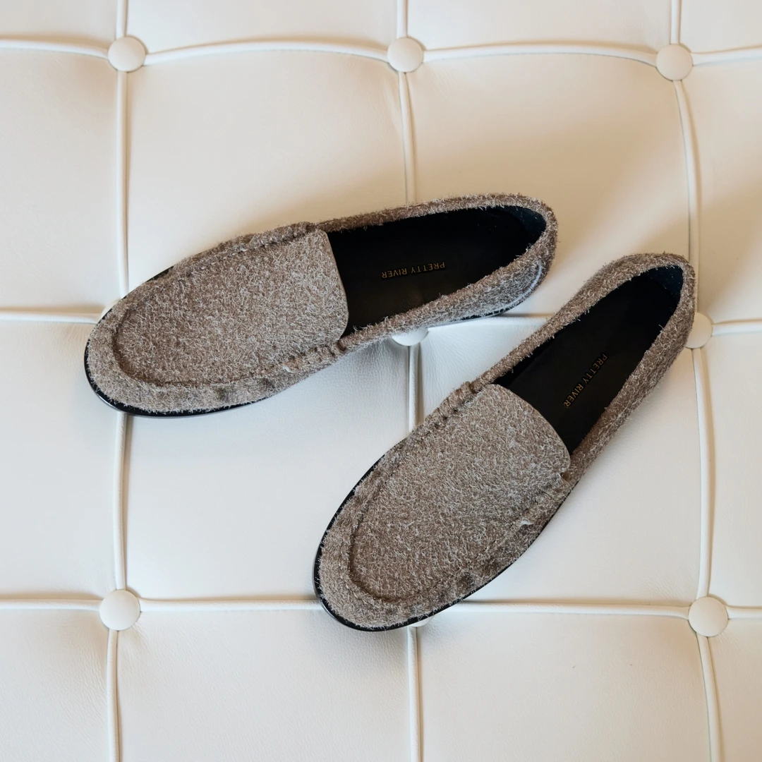 PrettyRiver复古长绒圆头乐福鞋女百搭舒适通勤平底鞋鞋软底单鞋