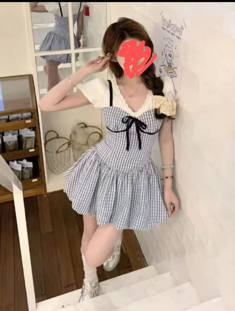 大码夏季 韩系学院风假两件长99262短99253连衣裙