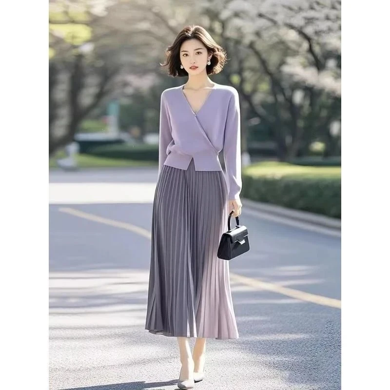 2025新款超火秋装开春气质穿搭一整套紫色小香风两件套装裙女