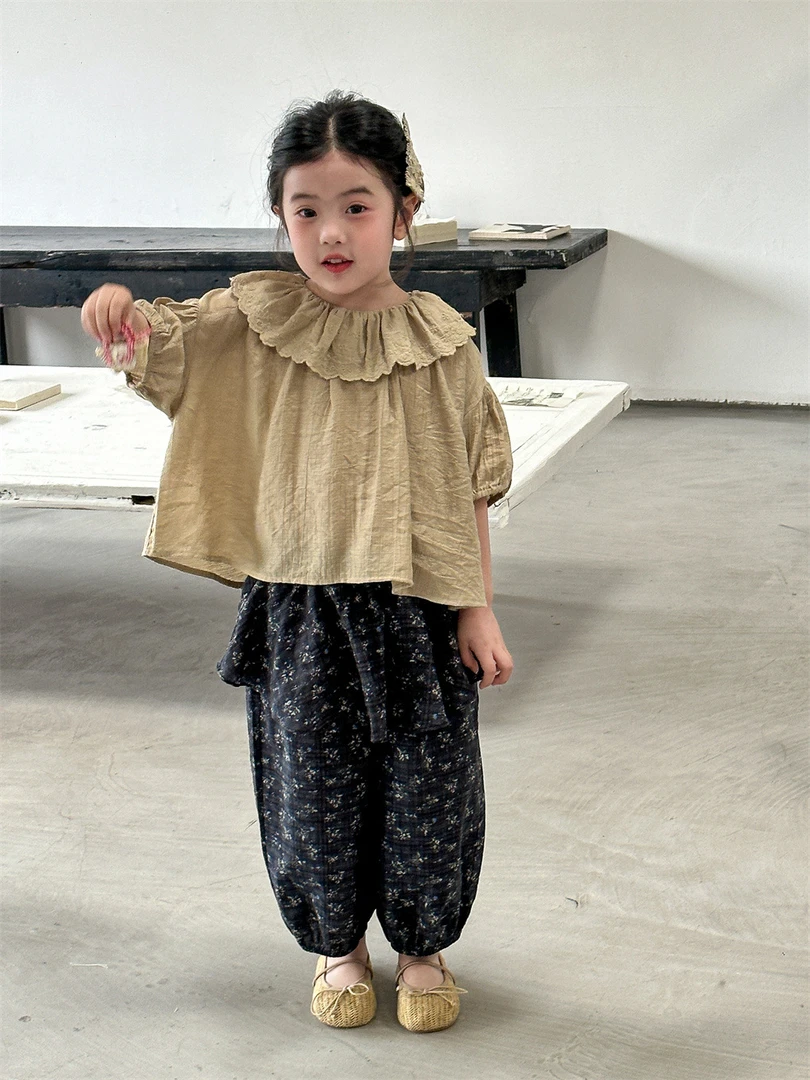 童上衣莱抱抱2025夏季新品韩国童装韩版蕾短袖丝花边领女童娃娃衫