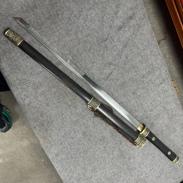 龙泉昊天宝剑一体T10烧刃黑檀木铜装唐横刀具防身冷兵器未开刃