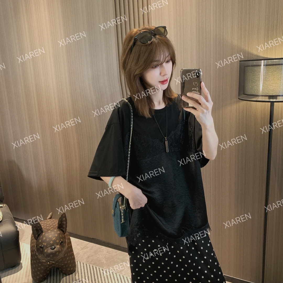 XIAREN【蕾丝醋酸假两件T】休闲百搭显瘦减龄款上衣T恤新款女款