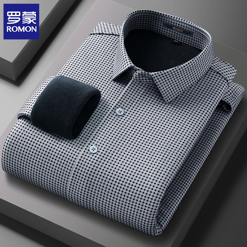 罗蒙冬季保暖绵羊毛衬衫长袖男士商务休闲加绒加厚衬衣可机洗男装