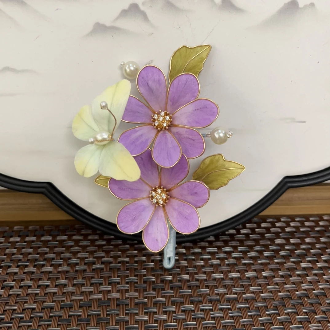 桑蚕丝非遗绒花纯手工制作新款紫色千金风古风头饰发簪仙气发夹