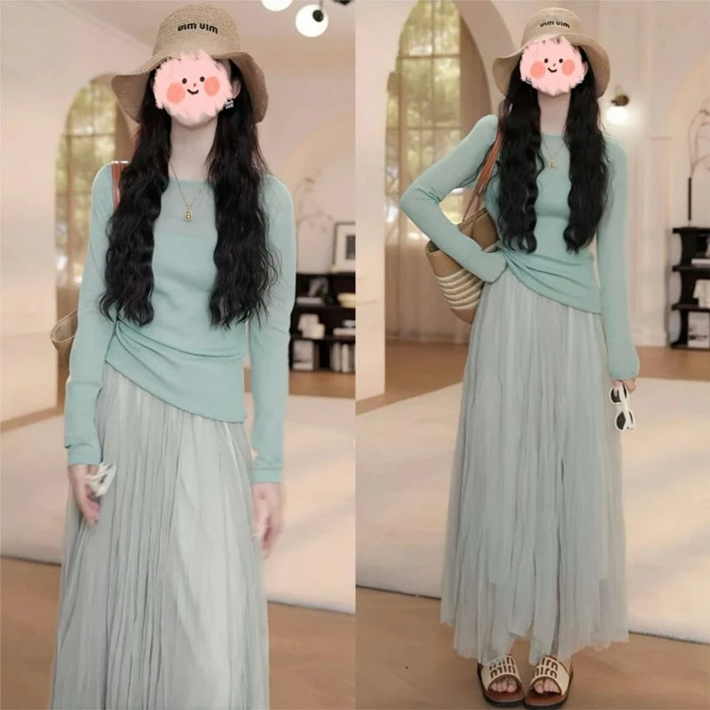 2025春秋韩式新款小香风修身显瘦防晒长袖针织上衣网纱半身裙套装