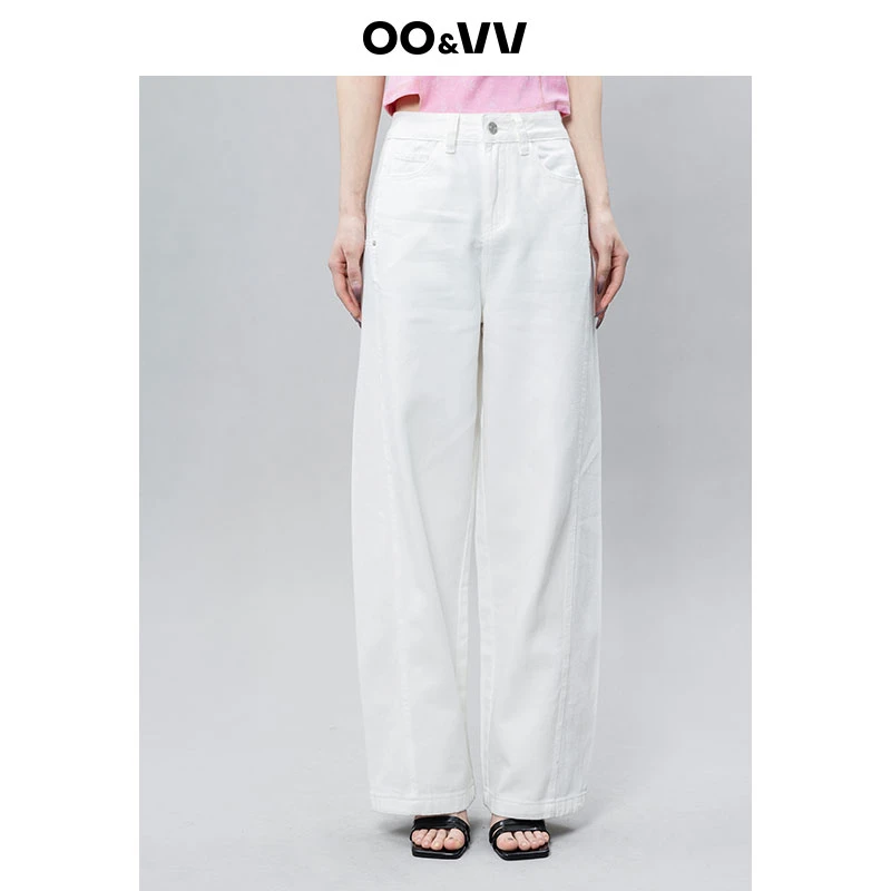 OO&VV白色高腰纯棉显瘦阔腿牛仔裤女2025秋新款百搭休闲直筒裤子