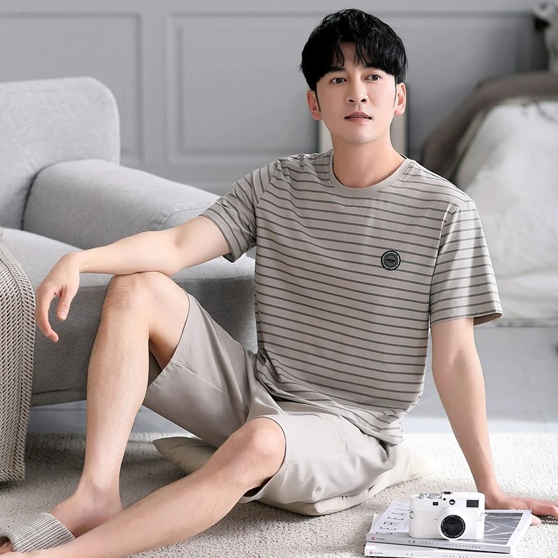 新款棉质大码男士睡衣男夏季圆领短袖短裤可外出宽松家居服