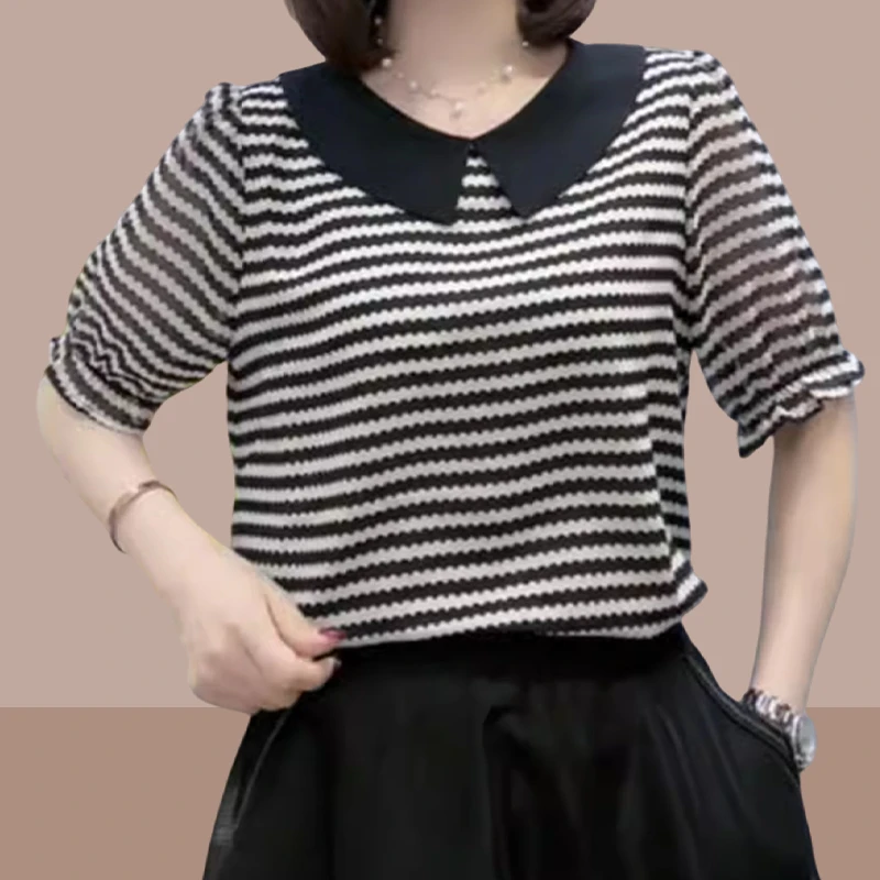 2025夏季新款女士别致娃娃领短袖雪纺衫时尚减龄显瘦条纹衬衫上衣