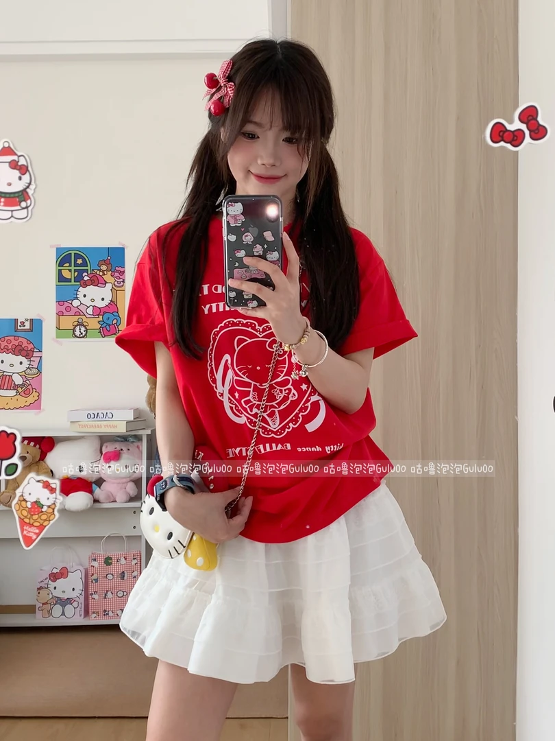 【咕噜泡泡】韩系简约线条红色kt短袖百搭小众设计感上衣宽松夏季