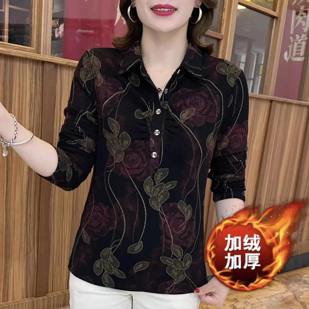 D07冬季加绒翻领印花打底衫长袖大码中年妈妈遮肚子显瘦保暖百搭