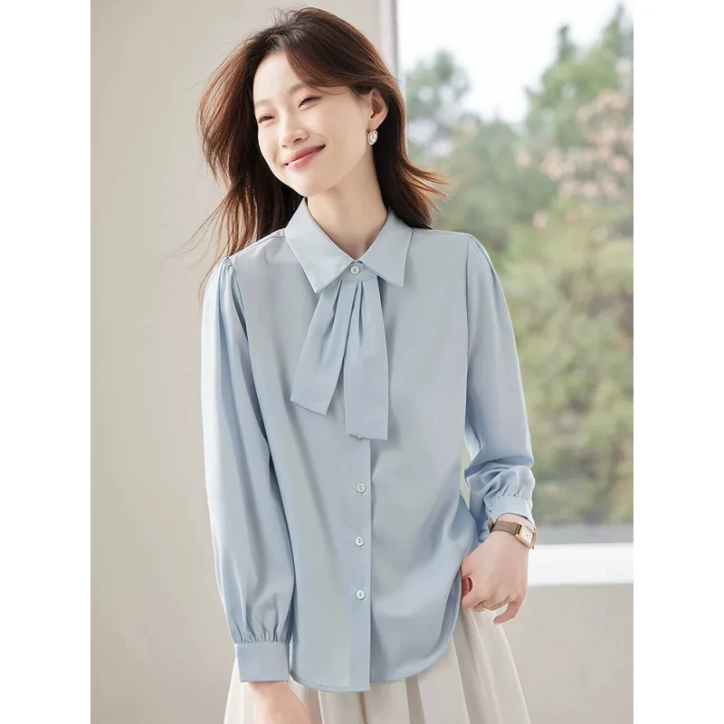 蓝色衬衫女2025新款休闲时尚气质内搭长袖小个子女士衬衣上衣春秋