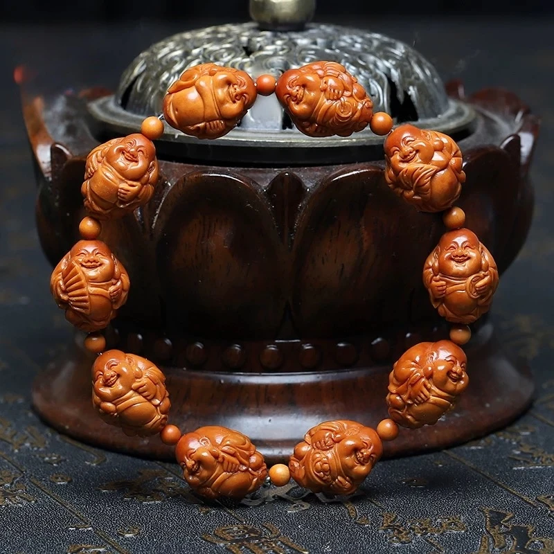 1.4十小弥勒笑佛  梅林铁核 橄榄核手串 手工橄榄核雕 文玩手串