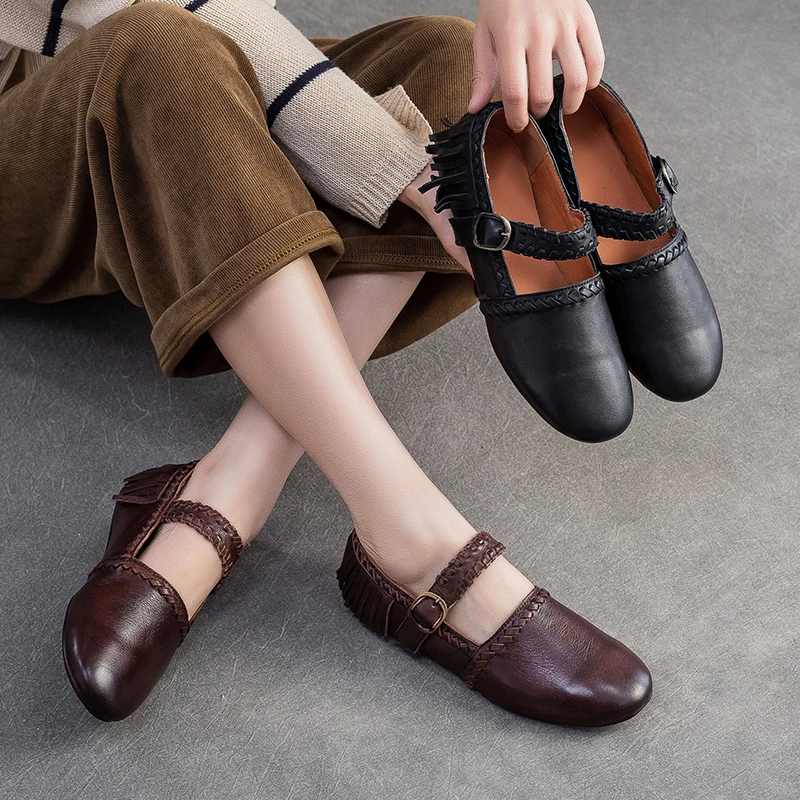 杰骤2025秋冬新款圆头平底玛丽珍头层牛皮扣带女休闲单鞋时尚百搭