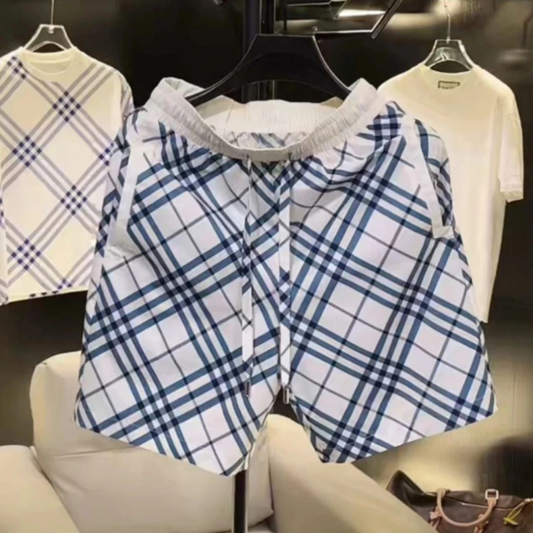 【七七】男士港风格子短裤夏季休闲运动宽松潮流百搭沙滩五分裤