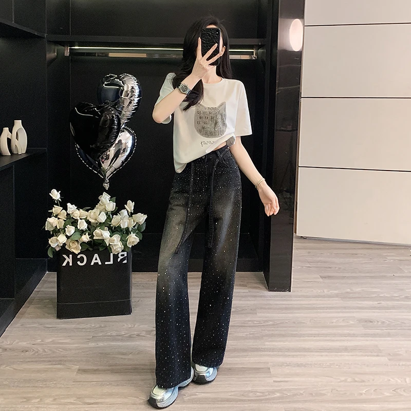 2025夏季高端显瘦时尚套装女烫钻卡通短袖T恤阔腿牛仔裤两件套潮