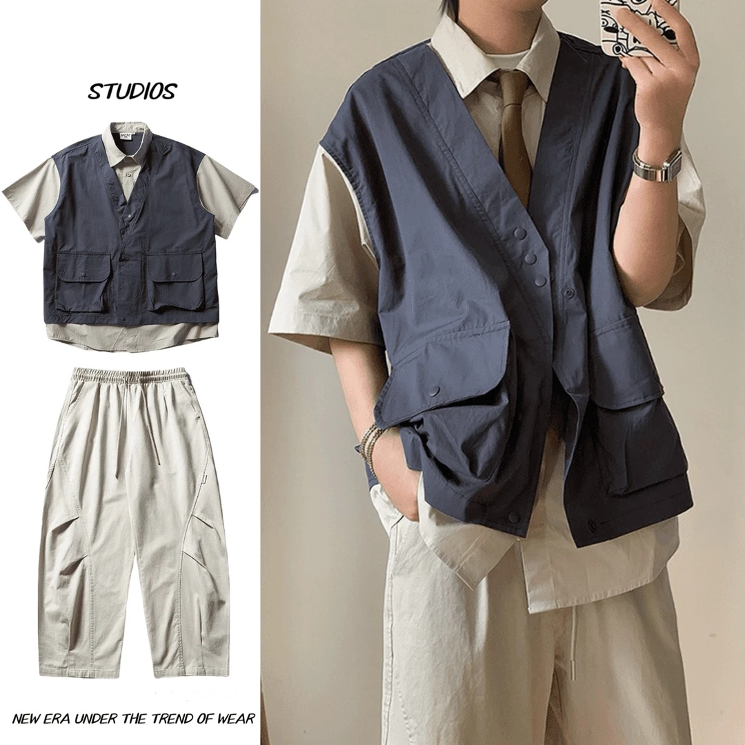 两件装/单件夏日系假两件短袖衬衫夏季宽松撞色拼接马甲休闲衬衣