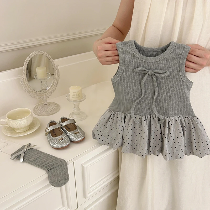 【法式芭蕾风】女童夏季薄款连衣裙针织波点夏日新款短裙蓬蓬花苞裙