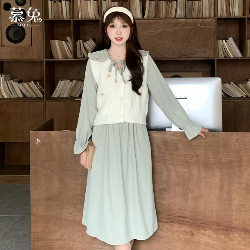 【真两件】针织马甲长袖连衣裙女2024秋季新款小个子甜美两件套装