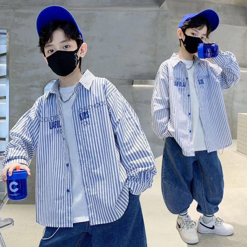 男童衬衫新款男童长袖衬衫韩版条纹薄外套中大童洋气春秋上衣薄款