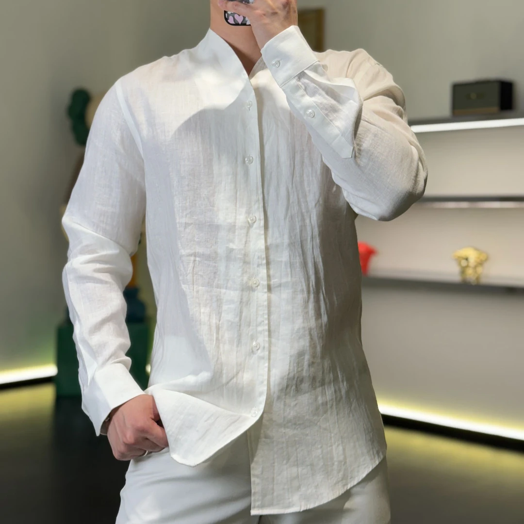 <古帝特尼>百分百亚麻春夏季新款男士不扎肉不透肉纯色衬衫DC-008